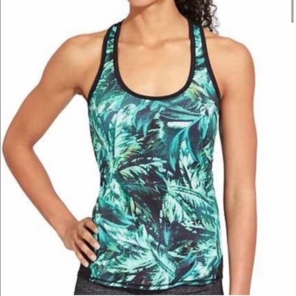 Athleta Green & Black Palm Frond Print Mesh Back Racerback Tank Top XS